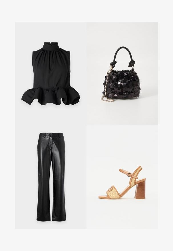 Must ütlemata musta topi kõrge kaelusega, volangiga lõpu ja kogutud kangaga. Silene tekstuur, taga peidetud tõmblukk.; Mustad nahkpüksid sirge jala disainiga, millel on esine nööp sulgemine, vöörihmade silmad ja sile, poleeritud tekstuur.; Pruun nahast ja kootud õlgedest kontsakingad, millel on pahkluu rihm, avatud varvas ja tumesinine puidust stiilis konts, millel on horisontaalsed triibud.; Must have mustrõngus mustal sädelev mini käekotil on sõlme tekstuuriga rihm ja hõbedane ketis. Ümar kuju, kokku kogutud ülaosa ja peegeldav detail.