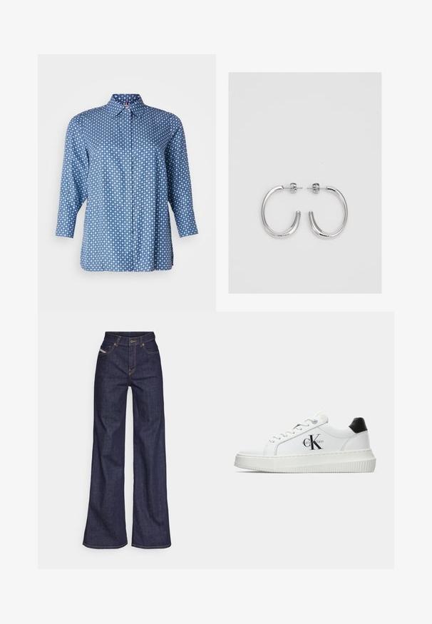 Zilā garo piedkaklu pogājamā krekla ar baltu rombu rakstu un smalkiem sarkaniem akcentiem, izklājamo apkakli un slēptām priekšējām pogām.; Tumši zili platleņķa džinsi no denima auduma ar augstu jostasvietu, ar oranžām šuvēm, piecu kabatu dizainu un pogu aizdari.; Baltā zema topa sporta apavas ar melnu papēža cilni, platformas zoli, auklēm un Calvin Klein "CK" logo sānos.; Sudraba riņķveida auskari ar gludu, spīdīgu apdari. Apaļas formas, viegla dizaina, ar aizdari uz stieples.