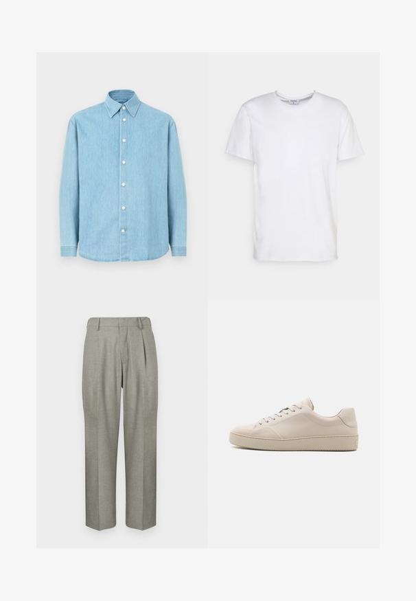 Lichtblauwe denim overhemd met lange mouwen, knoopsluiting en spitse kraag, weergegeven tegen een effen achtergrond.; Witte t-shirt met korte mouwen, gemaakt van katoen. Heeft een ronde halslijn en een comfortabele pasvorm zonder zichtbare patronen of accessoires.; Lichtgrijze broek van een gestructureerde stof. Kenmerkt zich door een rechte pasvorm, plooien aan de voorkant en een platte tailleband.; Beige leren sneakers met een gladde afwerking, ronde neus, platte zool en klassiek vetersluiting ontwerp. Subtiele stiksels en een gestructureerde buitenzool.