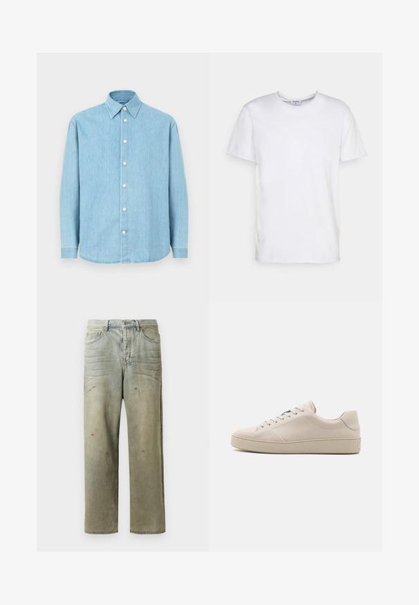 Heled sinine denimist pikade varrukatega nööpidega särk terava kraega ja valgete nööpidega, esitatud ühtlase tausta ees.; Valge lühikeste varrukatega T-särk, mis on valmistatud puuvillast. Omab ümarat kaelust ja mugavat lõike, ilma nähtavate mustrite või aktsentideta.; Karmiinroheline kulunud denim teksapüksid, millel on sirge jalg, viie taskuga disain ning ebaühtlane pleekimine koos värvikrõpsudega.; Bež nahkkingad siledalt viimistletud, ümarate varvastega, tasase tallaga ja klassikalise paeltega disainiga. Diskreedne õmbluste detail ja tekstuuriga välistald.