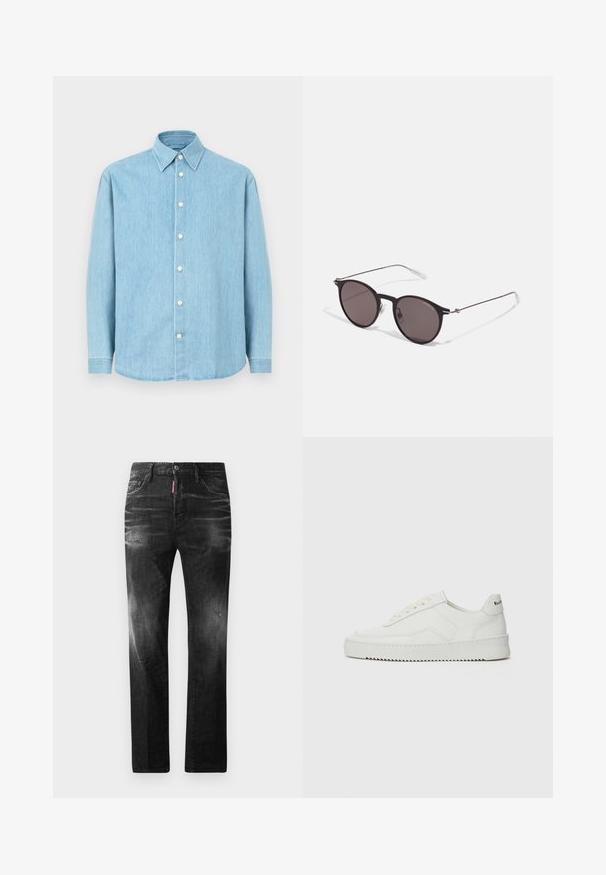 Chemise à manches longues en denim bleu clair avec col pointu et boutons blancs, présentée sur fond uni.; T-shirt blanc à manches courtes en coton. Il présente un col rond et une coupe décontractée sans motifs ni accents visibles.; Jean en denim noir avec une coupe droite. Présente des zones décolorées, un léger effet usé, un design classique à cinq poches et une fermeture à bouton.; Baskets en cuir blanc avec une finition lisse, bout arrondi, lacets plats et semelle texturée. Présente un logo discret sur le talon.; Lunettes de soleil noires rondes avec verres sombres et branches en métal fines. Comprend des embouts transparents et des accents argentés au niveau de la charnière. Design minimaliste.