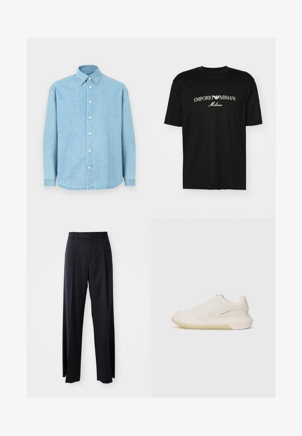 Svijetloplava traper košulja dugih rukava s dugim ovratnikom i bijelim gumbima, prikazana na jednostavnoj pozadini.; Crna pamučna majica s okruglim izrezom, kratkim rukavima i bijelim logotipom "EMPORIO ARMANI" iznad riječi "Milano" u zakrivljenom dizajnu.; Crne, hlače visokog struka s širokim nogavicama, izrađene od glatkog materijala. Sadrže prednje nabore i petlje za remen. Minimalistički dizajn, bez vidljivih metalnih dijelova.; Bijele tenisice s glatkim kožnim gornjim dijelom, okruglim prstom i debelim gumenim potplatom. Imaju minimalne šavove i suptilan logo dekor na strani.