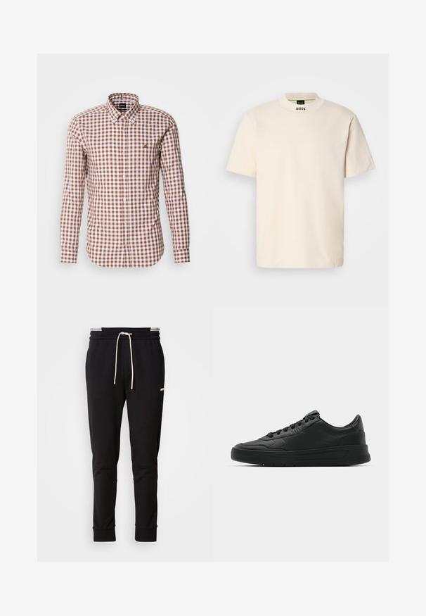 Hnědo-bílá kostkovaná košile s dlouhým rukávem, s límečkem na knoflíky a vyšitým logem na hrudi. Textura bavlněného materiálu.; Krémové tričko s krátkým rukávem a vysokým límcem, na přední části krku a vnitřní štítku s potiskem "BOSS" v černé barvě.; Černé slim-fit joggingové kalhoty s bílou stahovací šňůrkou, žebrovanými manžetami a jemným logem na horní části stehna na jednoduchém pozadí.; Černé tenisky s hladkým koženým svrškem, kulatou špičkou, plochými tkaničkami, polstrovaným límcem a minimalistickým designem. Gumová podrážka s jemným vzorkem.