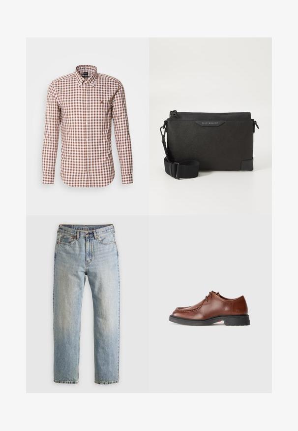 Bruine en witte geruite overhemd met lange mouwen, een button-down kraag en geborduurd logo op de borst. Katoenen stof textuur.; Lichtblauwe denim jeans met hoge taille, frontknop, rits en vijfzakkenontwerp, plat gelegd op een neutrale achtergrond.; Bruine leren dresschoen met een ronde neus, contrasterende stiksels, vetersluiting en een gestructureerde zwarte rubberen zool.; Zwarte leren schoudertas met een getextureerd oppervlak, voorzien van een ritssluiting en een verstelbare schouderband. Logo label aan de voorkant. Rectangulaire vorm.