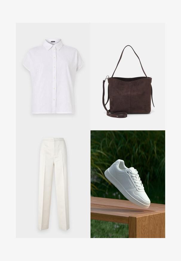 White short-sleeve shirt with a button-down collar, featuring embroidered floral patterns, a straight cut, and pearl-like buttons.; Cream-colored trousers with a tailored fit, featuring a straight leg, smooth fabric, front pleats, and clean hem. Minimalist design.; White sneaker with a smooth synthetic upper, perforated toe box, flat laces, and a textured sole, displayed on a wooden surface.; Brown suede tote bag with a soft texture, featuring a single shoulder strap and a subtle curved top opening. No visible hardware details.
