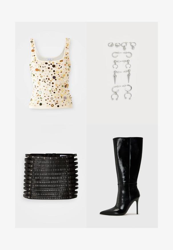 Ráccsal díszített, krém színű ujjatlan felső, multicolor flitterekkel, beleértve arany, zöld és barna akcentusokat, négyzet alakú kivágással és keskeny pántokkal.; Fekete bőr miniszoknya vízszintes pántdíszítéssel, ezüst szegecsekkel a felső szélén és a függőleges oldalain.; Fekete bőrből készült, térd fölé érő csizmák hegyes orral és magas stiletto sarokkal. Simára csiszolt textúra és elegáns kivitelezés, minimális díszítéssel.; Ezüst fülbevalók készlete, különböző dizájnokkal: karikák, bedugós fülbevalók és lógó stílusok, golyós díszítésekkel és hegyes elemekkel.