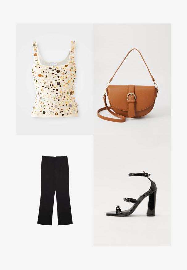Ribbet cremetanktop med flerfarvede perler, herunder gyldne, grønne og brune accenter, med kvadratisk udskæring og smalle stropper.; Sorte bukser med lige pasform, der har frontlommer og slidser i kanten. Lavet af blødt, glat stof. Velegnet til forskellige anledninger.; Sorte patenterede hælsandaler med firkantet tå, ankelremme og sølvspænder. Har en chunky blokHæl for stabilitet.; Brun læder crossbody taske med en buet form, guldfarvet hardware og en spændeaccent. Har en aftagelig skulderrem.