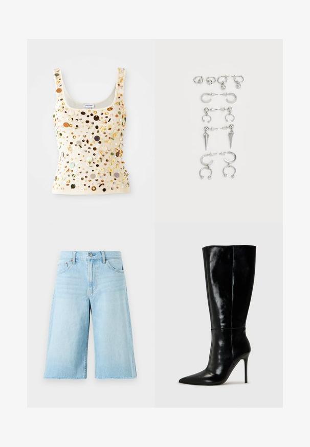 Ribbed cream tank top with multicolored sequins, including golden, green, and brown accents, featuring a square neckline and narrow straps.; Light blue denim shorts with a loose fit, frayed hem, five pockets, and metal hardware. Classic jeans design with subtle fading.; Black leather knee-high boots with a pointed toe and high stiletto heel. Smooth texture and sleek design, featuring minimal detailing.; Set of silver earrings featuring various designs: hoops, studs, and dangling styles, with ball accents and pointed elements.