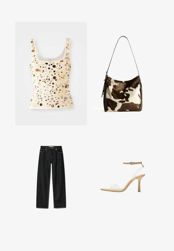 Ribovaná krémová tílko s vícebarevnými flitry, včetně zlatých, zelených a hnědých akcentů, s čtvercovým výstřihem a úzkými ramínky.; Tmavé džínové kalhoty se střihovým provedením rovného střihu, zapínání na mosazný knoflík a kontrastním žlutým prošíváním. Obsahují pět kapes a mají klasický střih.; Průhledná sandálová obuv s průhledným svrškem, béžovou stélkou a štíhlým páskem kolem kotníku. Má špičatou špičku a tenký vysoký podpatek.; Hnědá a krémová kravská kůže ramenní taška s hladkým koženým popruhem, zipovým uzavřením a jemným, texturovaným povrchem s přírodním vzorem.