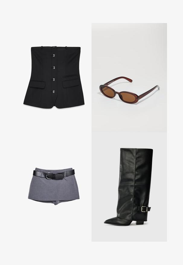 Corsetto strutturato nero con una superficie liscia, dotato di sette bottoni frontali, due tasche a patta e spalline regolabili.; Pantaloni corti grigi in tessuto con vita aderente, dotati di una cintura in pelle nera con fibbia. Tessuto liscio, design sartoriale e taglio dritto.; Stivali neri in pelle fino alla caviglia con punta affusolata, texture liscia e una fibbia argentata accento sul lato. Tacco quadrato spesso.; Occhiali da sole rotondi con tonalità marrone, montatura lucida color bordeaux. Aste sottili con un sottile dettaglio del marchio. Design delle lenti piatte.