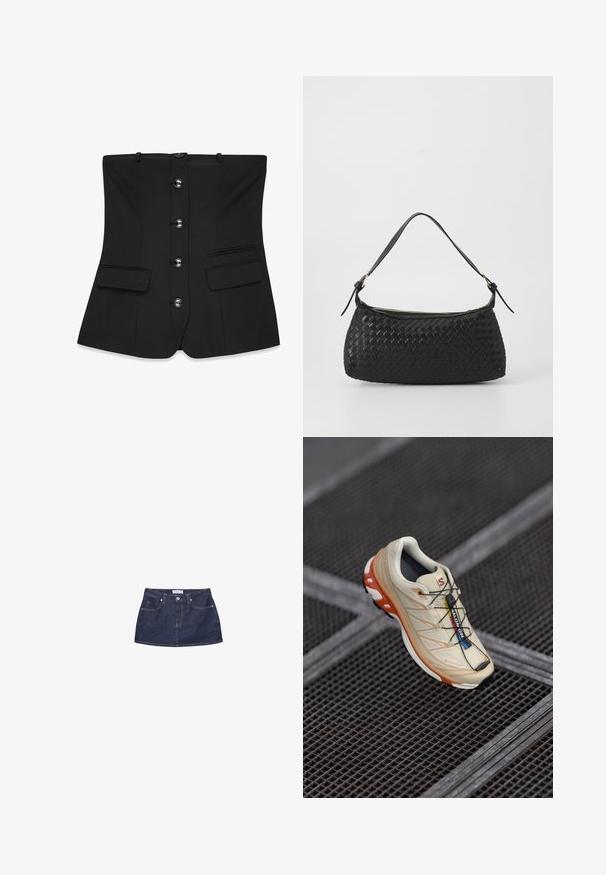 Črn strukturiran korzet z gladko teksturo, ki ima sedem sprednjih gumbov, dve zunanji žepki in nastavljive naramnice.; Denim mini krilo v temno modri barvi z oprijetim pasom, sprednjima žepoma in kovinskim gumbom za zapiranje. Gladka tekstura in klasičen kroj.; Bežni tekaški čevelj z oranžnimi detajli, zasnovan z teksturiranim zgornjim delom, črnim podplatom in integriranimi vezalkami. Ima GORE-TEX oznako.; Črna tkana torba za ramo s gladkim usnjenim trakom in zadrgo. Ima teksturirano površino in ukrivljeno obliko.