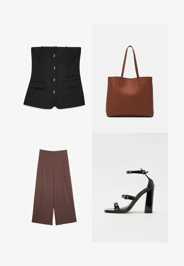 Svart strukturerad korsett med en slät yta, som har sju framsidesknappar, två lockfickor och justerbara remmar.; Bruna vida byxor med en slät textur, som har hög midja och framfickor. Tyget är lätt och flödar löst.; Svarta lackerade klacksandaler med fyrkantig tå, ankelremmar och silverfärgade spännen. Har en kraftig blockklack för stabilitet.; Brun läder tote-väska med en slät textur, öppen toppdesign och två axelremmar. Har minimal söm och ingen synlig metalldetalj.