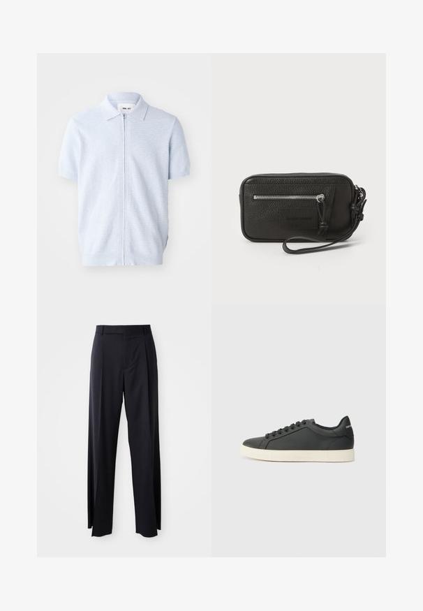 Světle modrá polo košile s krátkým rukávem, má zipový uzávěr a žebrovanou texturu, s klasickým designem límce a rovnou spodní částí.; Černé kalhoty s vysokým pasem a širokým střihem, vyrobené z hladké látky. Mají přední sklady a poutka na opasek. Minimalistický design, bez viditelného kovového hardwaru.; Černé kožené tenisky s nízkým profilem, zaoblenou špičkou a šněrováním; mají texturovanou gumovou podrážku a logo na patě.; Černá kožená kabelka s texturovaným povrchem, přední kapsou na zip a odnímatelným zápěstním poutkem. Na přední straně se nachází logo. Obdélníkový tvar.