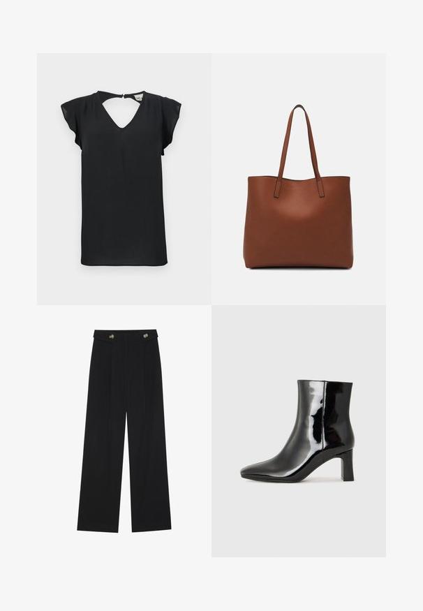 Fekete, rövid ujjú felső V-kivágással és kulcslyuk hátlappal. Könnyű anyagból készült, sima textúrájú, látható minták nélkül.; Fekete, bő szárú nadrág magas derékkal, gombos részletekkel a derékrészen és elülső pliszékkal.; Fekete lakk bőrcipő bokáig érő, hegyes orral és közepes magasságú tömbsarokkal. Simább textúrával és minimalista dizájnnal rendelkezik.; Barna bőr vászontáska sima textúrával, nyitott tetejű dizájnnal és két vállpánttal. Minimális varrással és látható hardver nélkül készült.