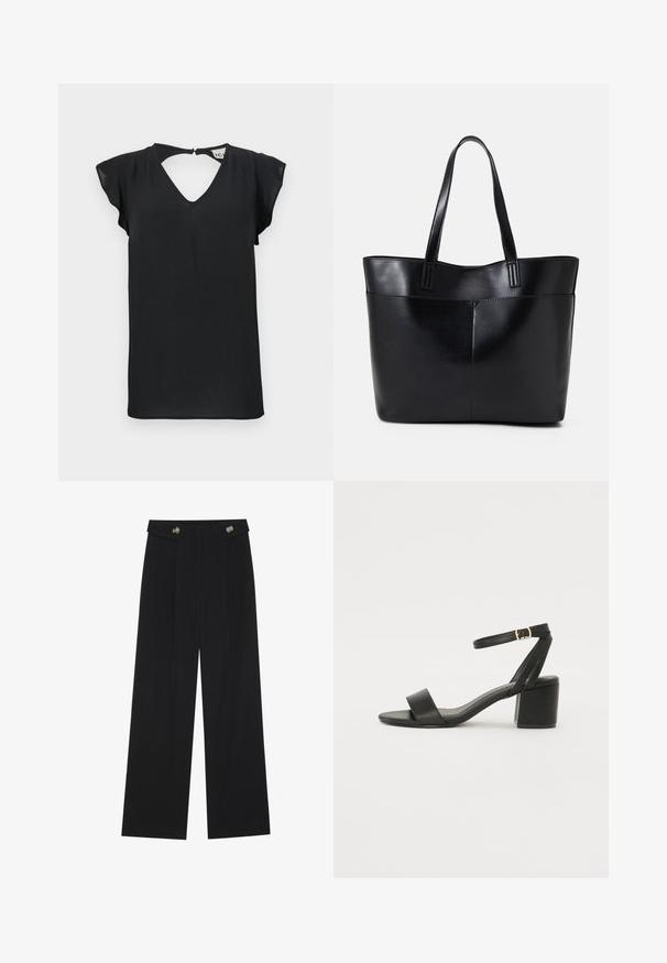 Melns īsā piedurkņu tops ar V-veida kakla izgriezumu un atslēgas caurumu aizmugurē. Izgatavots no viegla auduma ar gludu tekstūru un bez redzamām rakstām.; Melnas platās bikses ar augstu jostasvietu, pogu detaļām uz jostas un priekšējām krokām.; Melnas papēžu sērijas sandales ar gludu ādas virsmojumu, atvērtu pirkstu, platām priekšējām siksnām un regulējamu potītes siksnu ar zelta sprādzi.; Melnas ādas iepirkumu soma ar divām garām rokturām, gludu tekstūru un strukturētu formu. Iekļauj priekšējo kabatu papildu uzglabāšanai.