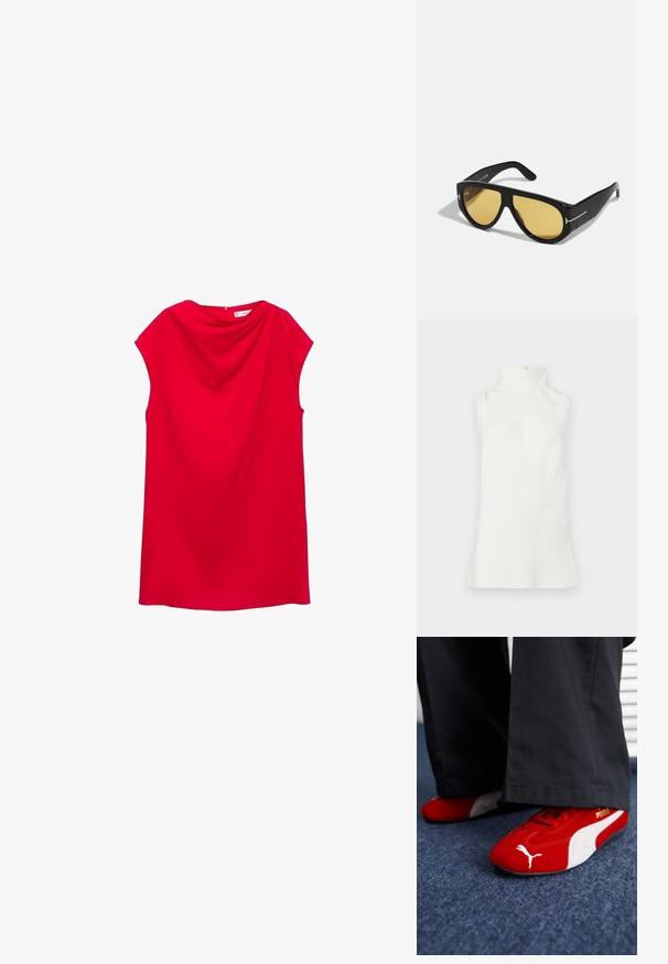 Top bianco senza maniche con collo alto, realizzato in tessuto morbido. Presenta un collo alto e un orlo leggermente svasato, senza motivi o decorazioni visibili.; Abito rosso senza maniche con scollo drappeggiato e tessuto morbido. Presenta una linea diritta e chiusura posteriore senza decorazioni visibili.; Sneakers in camoscio rosso con accenti bianchi, caratterizzati da materiale testurizzato, punta rotonda e un logo dorato di lato, indossati con pantaloni neri.; Occhiali da sole neri con montatura geometrica, lenti gialle e dettagli dorati sulle stanghette. Texture liscia, forma ampia, design contemporaneo.