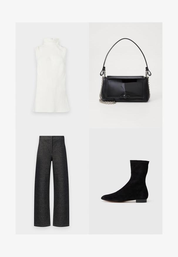 Hihaton valkoinen poolopaita, valmistettu pehmeästä kankaasta. Siinä on korkea kaulus ja hieman levenevä helma, eikä siinä ole näkyviä kuvioita tai koristeluja.; Leveled trousers i svart denim. Har en strukturert finish med en ren midje og uten synlig hardware eller lommer.; Mustang-mustaviinan nilkkuri, jossa on tiukka varsi, terävä kärki ja matala lohkoiltu korko. Sileä pinta ja minimalistinen muotoilu, sopii monenlaiseen tyyliin.; Musta lakattu nahkalaukku suorakaiteen muotoisena, ketjuhihnalla ja erottuvalla varustusesineellä keskellä. Siveltimellinen pinta.