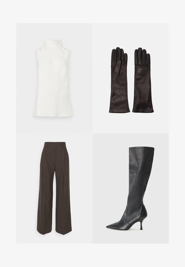 Sleeveless white turtleneck top made of soft fabric. Features a high collar and a slightly flared hem with no visible patterns or embellishments.; Dark brown wide-leg trousers with a high waist, featuring neatly pressed creases, smooth texture, and a tailored fit.; Knee-high black leather boots with a pointed toe and a slim stiletto heel. Smooth texture with a fitted design and stitching at the top edge.; Weekend Max Mara SENAPE - Gloves - nero