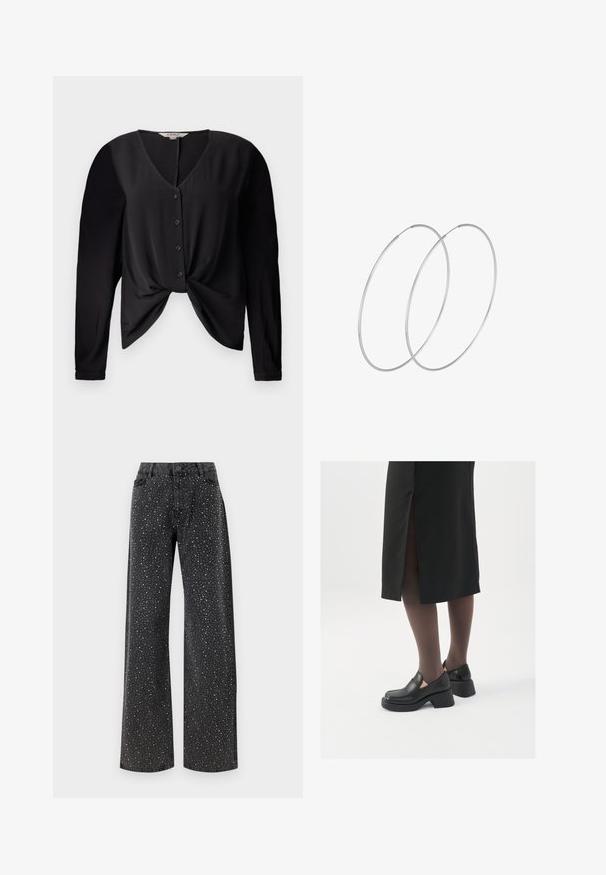 Juoda palaidinė su V formos iškirpte, ilgomis rankovėmis ir mygtukų užsegimu priekyje. Yra mazgo detalė juosmens srityje ir sklandi audinio tekstūra.; Noisy May NMJANNEL LOOSE - Laisvo kirpimo džinsai - black denim; Juodos odinės bateliai su apvaliu nosiu, stora blokine pakulne ir elastingais šonais, derinami su tamsiomis pėdkelnėmis ir juoda sijonu su plyšiu.; Sidabrinės pusmėnulio auskarai minimalistiniu dizainu. Apskritimo forma, lygus paviršius ir plonas profilis. Lengvi su poliruotu apdailu.