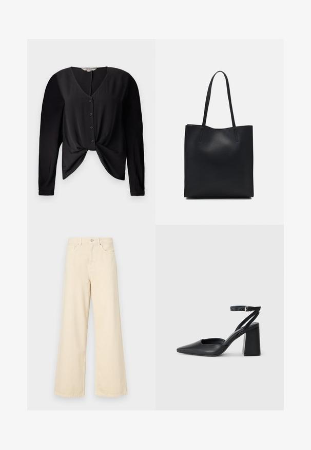 Črna bluzica z V-izrezom, dolgimi rokavi in gumbom spredaj. Ima detajl vozla na pasu in gladko teksturo tkanine.; Bež jeans širokega kroja iz bombaža. Imajo gumbno zapiranje, zanke za pas in sprednje žepe ter gladko, mehko teksturo.; Črne usnjene klasične čevlje z ostrim nosom, z zaponko za gleženj in debelim peto. Ravna tekstura, eleganten dizajn in minimalistična estetika.; Črna usnjena torba s svilnato teksturo, pravokotne oblike in dvema dolgima ročajema. Brez vidnih metalnih delov ali okrasnih elementov.