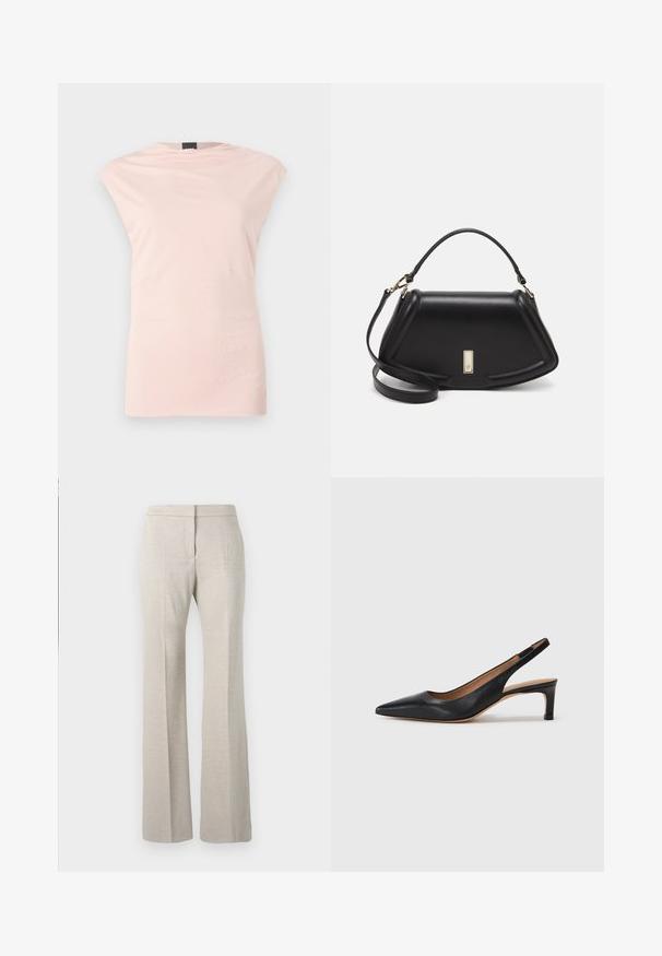 Lys rosa ærmeløs top med rund hals, subtil drapering og to sidelommer. Fremstillet af blødt, glat stof med en strømlinet silhuet.; Beige flarebukser med tekstureret stof, der har en flad front, brede ben og ingen synlige metaldele.; Sort læder slingback pumpe med spids tå, lav hæl og en glat overflade. Har en tynd justerbar rem for en sikker pasform.; Sort læderhåndtaske med en struktureret design, der har en kortet form, tophåndtag og guld hardware-accenter. Justerbar skulderrem inkluderet.
