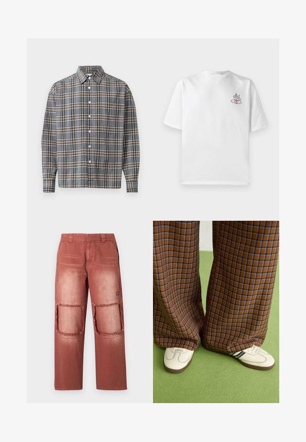 Langermige overhemd met knopen, in een blauw, bruin en beige ruitpatroon, met een borstzakje op een lichte achtergrond.; Witte katoenen t-shirt met korte mouwen, met een kleine roze en zwarte koffiecup graphic op de linker borstzijde.; Roestkleurige broek met een vervaagde textuur, voorzien van twee grote, rafelige uitsnijdingen op de knieën en standaard zakken.; Bruine en blauwe geruite wijde broek, gecombineerd met witte schoenen met zwarte accenten en een gestructureerde zool, gezet tegen een groene achtergrond.