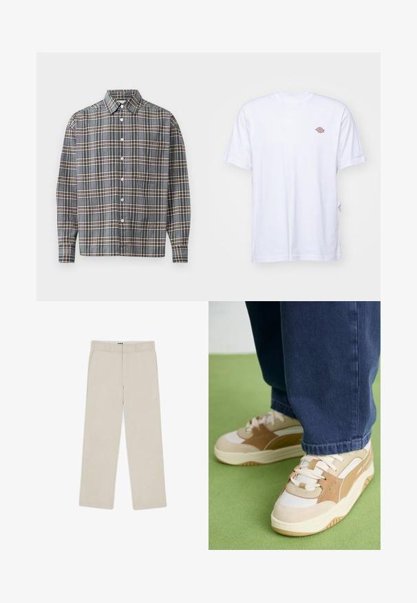 Long-sleeve button-up shirt with blue, brown, and beige plaid pattern and a chest pocket on a light background.; White cotton t-shirt with a v-neck and short sleeves. Features a small colorful embroidered logo on the left chest. Soft texture.; Beige wide-leg pants with a smooth texture, featuring belt loops, two front pockets, and a zip fly closure. Minimalist design.; Beige and white sneaker featuring a textured upper, suede accents, thick sole, and lace closure. Worn with blue denim pants.