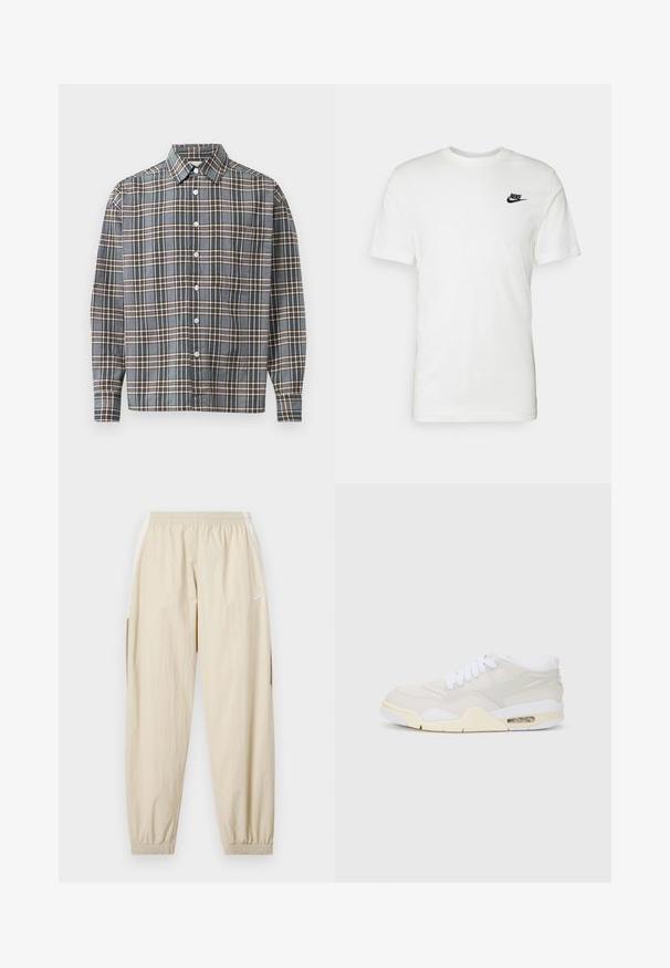 Long-sleeve button-up shirt with blue, brown, and beige plaid pattern and a chest pocket on a light background.; White cotton t-shirt with short sleeves, round neckline, and a black Nike logo on the left chest area. Smooth texture and classic fit.; Beige lightweight joggers with elastic waistband, cuffed ankles, side pockets, and subtle Nike logo in white on the left thigh.; Sneakers with a light beige synthetic upper, white laces, and visible cushioning. Features a smooth sole and subtle side accents.
