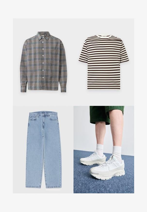 Camicetta a maniche lunghe con pattern a quadri blu, marrone e beige e tasca sul petto su uno sfondo chiaro.; T-shirt a maniche corte con strisce orizzontali bianche e nere e scollatura rotonda, esposto su uno sfondo leggero e uniforme.; Jeans in denim azzurro chiaro con design a gamba dritta, caratterizzati da una vita media, cinque tasche e chiusura con bottone e zip.; Scarpe da ginnastica bianche con sovrapposizioni testurizzate, suola spessa e accenti grigi. Indossate con calze corte bianche e pantaloni corti verdi su una superficie blu.