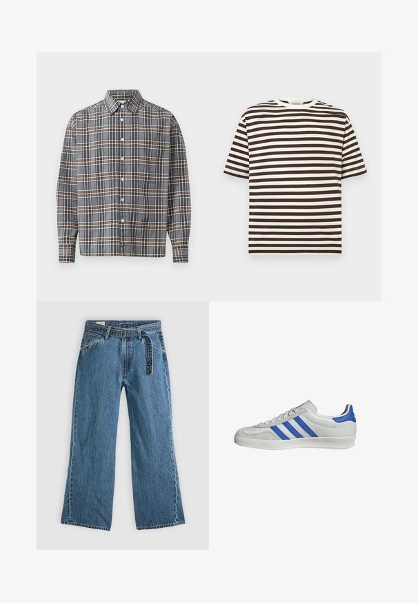Langärmliges Hemd mit Knopfverschluss im blau-braun-beigen Karomuster und einer Brusttasche auf hellem Hintergrund.; Kurzärmliges T-Shirt mit schwarz-weißen horizontalen Streifen und rundem Halsausschnitt, auf einem schlichten hellen Hintergrund präsentiert.; Blaue Denim-Jeans mit weitem Bein, angebautem Gürtel, vorderen Taschen und sichtbaren Nähten auf einem schlichten hellen Hintergrund.; Weiße Sneaker mit blauen und grauen Akzenten, ausgestattet mit drei markanten Streifen, Schnürung vorne und einer strukturierten Sohle.
