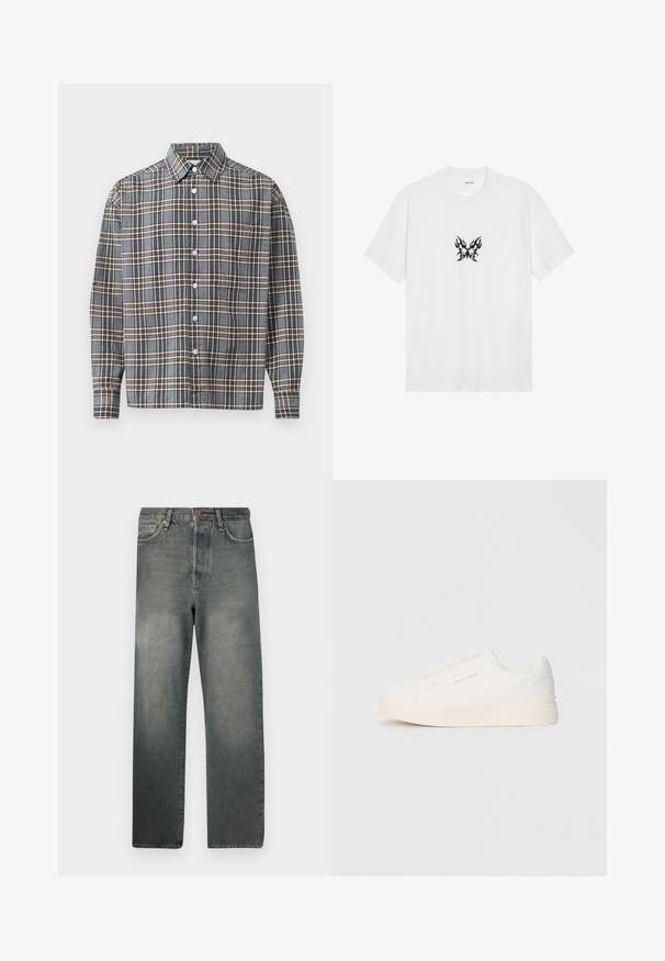 Koszula z długim rękawem, zapinana na guziki, w niebiesko-brązowo-beżowy wzór w kratę, z kieszonką na piersi, na jasnym tle.; Biała bawełniana koszulka z krótkimi rękawami i okrągłym dekoltem. Zawiera centralny czarny graficzny wzór motyla w kształcie płomienia. Gładka faktura.; Jack & Jones JJIALEX JJCOOPER czarny denim; Białe sneakersy wsuwane z teksturowanej powierzchni, grubą podeszwą i minimalistycznym designem. Zawierają logo marki z boku.