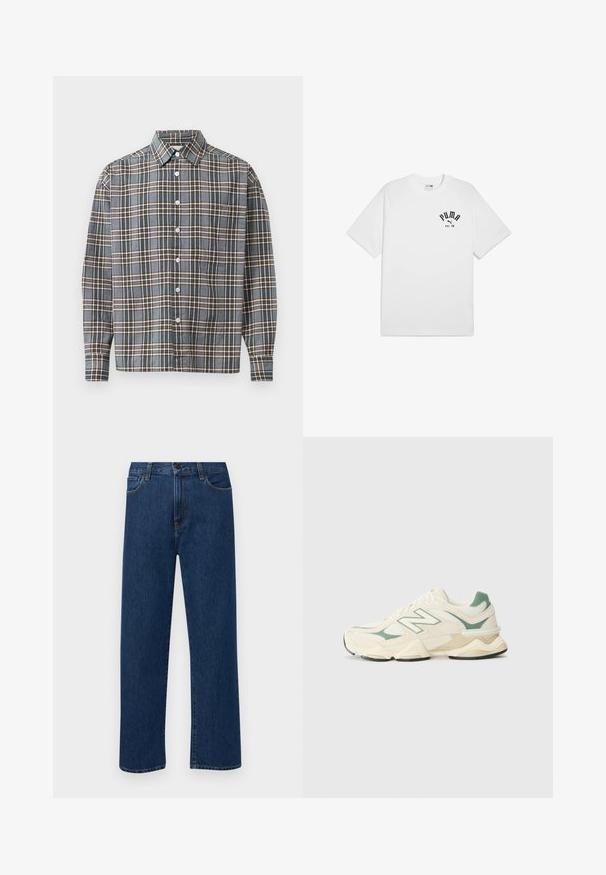 Koszula z długim rękawem, zapinana na guziki, w niebiesko-brązowo-beżowy wzór w kratę, z kieszonką na piersi, na jasnym tle.; Biała bawełniana koszulka z krótkim rękawem i okrągłym dekoltem, z czarnym nadrukowanym logo na klatce piersiowej. Prosty, klasyczny design.; Granatowe dżinsy prostego kroju z kieszeniami z przodu i zapięciem na guzik, zaprezentowane na jednolitym białym tle.; Kremowe i miętowe sneakersy New Balance z siateczkowymi i syntetycznymi nakładkami, grubą podeszwą, okrągłym czubkiem i wyraźnym logo po bokach.