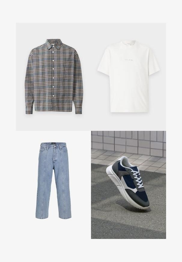 Camicetta a maniche lunghe con pattern a quadri blu, marrone e beige e tasca sul petto su uno sfondo chiaro.; T-shirt bianca in cotone con collo rotondo, maniche corte e un piccolo logo stampato sul davanti. Tessuto morbido e vestibilità comoda.; Jeans in denim blu chiaro con una vestibilità ampia, gambe larghe e dettagli di cucitura visibili. Presenta una chiusura con bottone e zip, cinque tasche.; Sneaker con tomaia in rete blu navy, inserti in suede grigio, suola in gomma bianca e lacci bianchi piatti, progettata per comfort e traspirabilità.