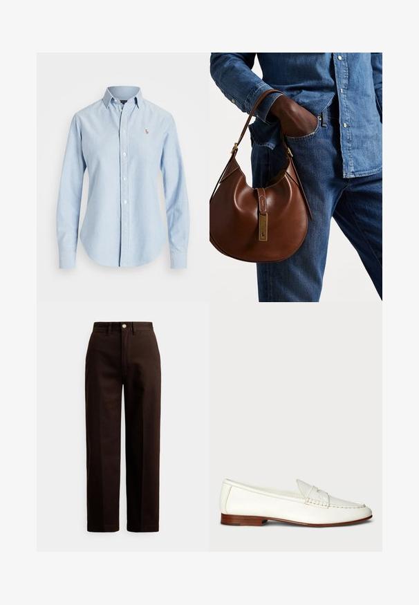 Gaiši zils krekliņš ar garām piedurknēm, izgatavots no kokvilnas, ar norādītu apkakli un mazu izšuvumu kreisajā krūtī.; Tumši brūnas taisna griezuma bikses ar pogu un rāvējslēdzēja aizdari, jostas cilpām un priekšējām kabatām baltā fonā.; Baltas ādas loafers ar teksturētu virsmu, noapaļotu pirkstu daļu un austiem akcentiem. Zems koka papēdis un minimālisma dizains.; Brūna ādas hobo soma ar noapaļotu formu, ar zelta aparatūras akcentu un kontrastējošiem diegiem. Apvienota ar džinsa kreklu un džinsiem.
