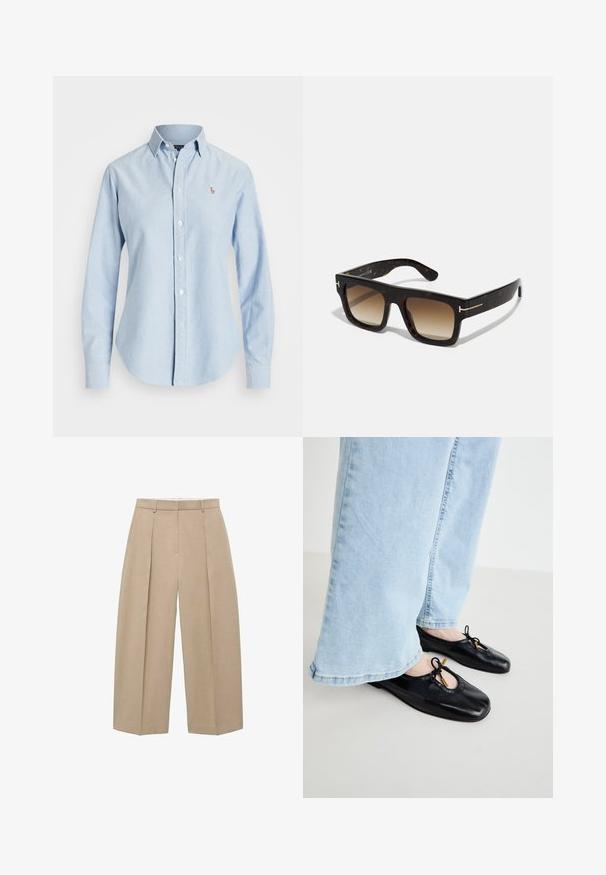 Błękitna koszula z długim rękawem wykonana z bawełny, z kołnierzykiem w szpic i małym haftowanym logo na lewej piersi.; Beżowe, szerokie spodnie wiszące pionowo, z przednimi zakładkami i płaskim paskiem w talii, ukazujące neutralny i elegancki styl.; Czarne skórzane baleriny z okrągłym noskiem, z wycięciem i detalem kokardy, noszone z jasnoniebieskimi szerokimi spodniami dżinsowymi.; Okulary przeciwsłoneczne w kolorze żółwia z kwadratową ramą, gradientowymi brązowymi soczewkami i subtelnymi złotymi akcentami na zausznikach.