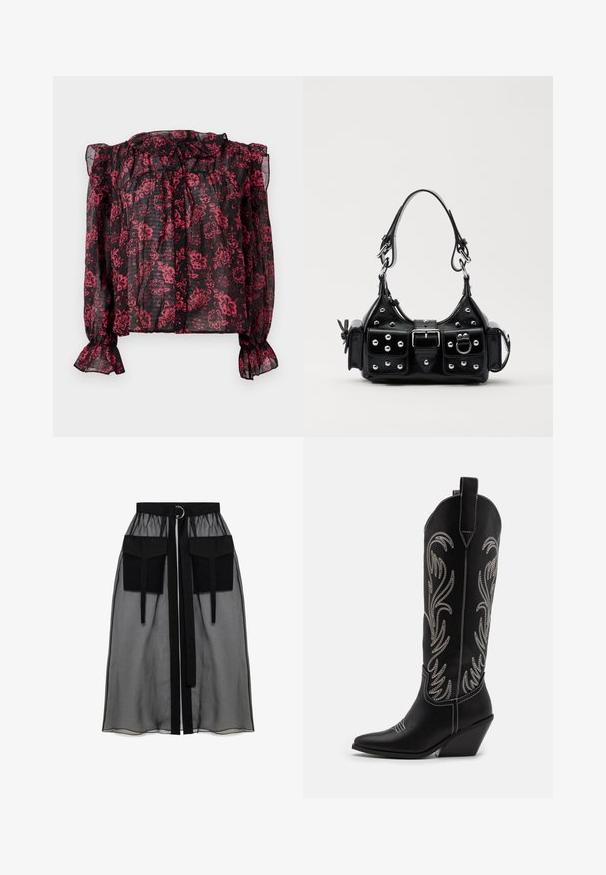 Juoda permatoma bluzelė su raudonu gėlių raštu, raukšlėta apykakle ir ilgomis rankovėmis su elastinėmis manžetėmis. Priekyje užsegama mygtukais.; Juoda permatoma sijonas su surinkta liemene, dviem didelėm priekinėm kišenėm, liemens raišteliu ir apvaliu metaliniu akcentu.; Juodi oda kaubojiški batai su smailiu nosiu, stulpeliu ir sidabriniais siuvinėti gėlių raštais palei šoną. Kontrastingas siuvinėjimas visoje bato dalyje.; Juodas odinis rankinukas su kreiviu dizainu, su sidabro spalvos knopkėmis, užsegimu ir dviem šoninėmis kišenėmis. Reguliuojama dirželis nešimui.