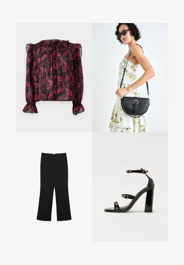 Čierna priehľadná blúzka s červeným kvetinovým vzorom, riasený výstrih, dlhé rukávy s elastickými manžetami. Má gombíkový zapínací systém po celej prednej časti.; Čierne nohavice so strihom rovného strihu, s prednými vreckami a bočnými rozparkami na leme. Vyrobené z mäkkej, hladkej tkaniny. Vhodné na rôzne príležitosti.; Čierne lakované sandále na podpätku so štvorcovou špičkou, navlečenými remienkami okolo členku a striebornými prackami. Disponujú masívnym blokovým podpätkom pre stabilitu.; Čierna kožená kabelka s zaobleným tvarom, odnímateľným popruhom a zlatými doplnkami. Kabelka má klopu s detailom s prackou.