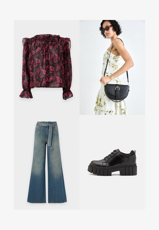 Juoda permatoma bluzelė su raudonu gėlių raštu, raukšlėta apykakle ir ilgomis rankovėmis su elastinėmis manžetėmis. Priekyje užsegama mygtukais.; Platus džinsinis kelnes su šviesiai tamsiai mėlynu gradientu, aukštu juosmeniu, diržo kilpomis ir atitinkančiu audinio diržu. Textūruotas džinsinis paviršius.; Juodi odiniai platformos batai su masyviu blokuota kulniuku, apvalia nosimi ir tradiciniu šnypštimo dizainu. Turintys glotnų paviršių ir minimalų dekoravimą.; Juodas odinis krepšys su išlenkta forma, nuimamu dirželiu ir auksiniais detalėmis. Krepšys turi kilpą su sagtimi.