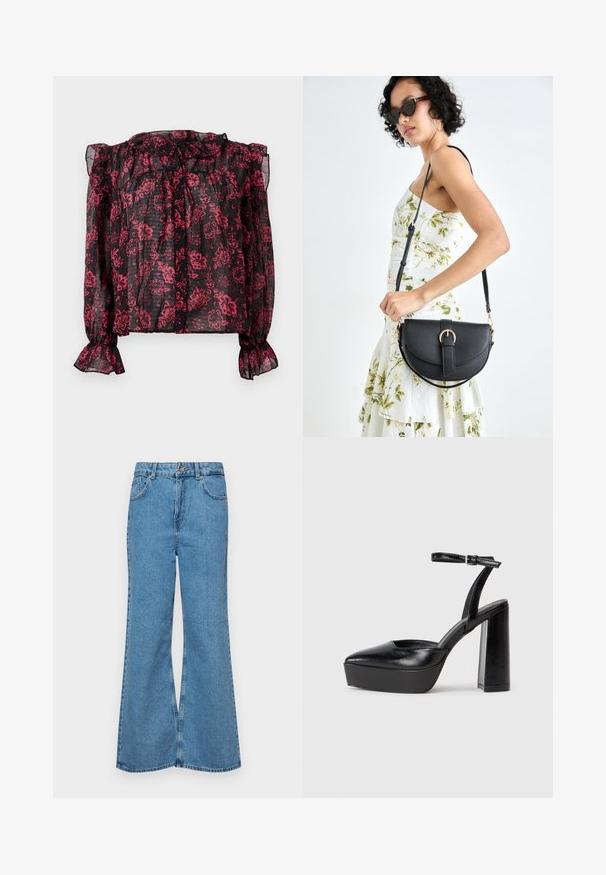 Černá průhledná blůza s červeným květinovým vzorem, volánkovým výstřihem a dlouhými rukávy s pružnými manžetami. Obsahuje zapínání na knoflíky vpředu.; Světle modré rozšířené džíny z denimu, se zvýšeným pasem, pěti kapsami a jedním knoflíkem na zapínání. Měkký povrch s vybledlým vzhledem.; Černé platformové podpatky s špičatou špičkou a nastavitelným kotníkovým popruhem. Vyrobeny z hladké kůže, s masivním blokovým podpatkem.; Černá kožená kabelka s křivkovým tvarem, odnímatelným popruhem a zlatými detaily. Kabelka má klopu s přezkou.