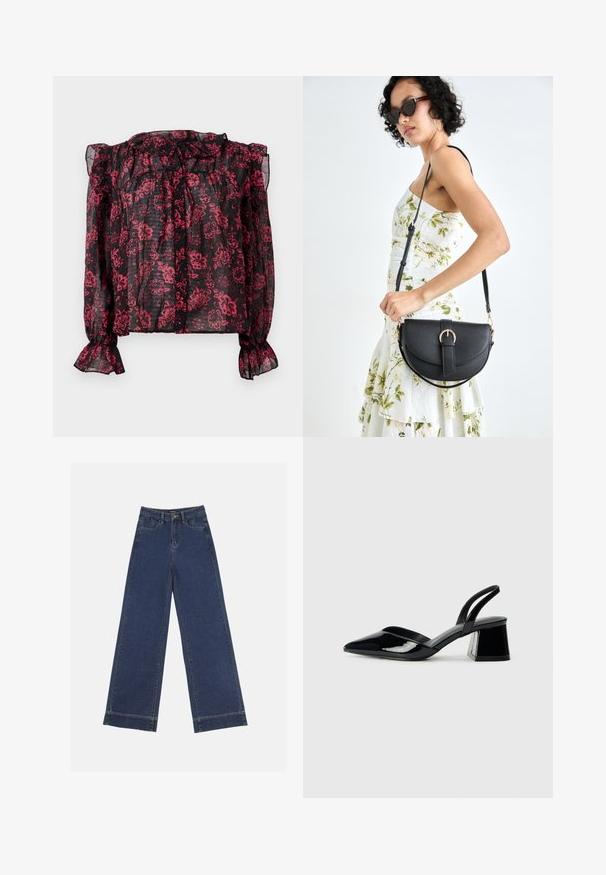 Musta ohut pusero, jossa on punainen kukkakuosi, rypytetty pääntie ja pitkät hihat, joissa on joustavat hihansuut. Etuosassa nappisulku.; Vyötäröltä leveät farkut tummansinisestä denimmateriaalista. Varustettu viidellä taskulla, vyölenkeillä ja näkyvillä sauman yksityiskohdilla. Raaka helma alareunassa.; Mustat patentoitu nahkakengät, joissa on säären takaosa ja terävä kärki, sekä geometrinen palikkakorko. Sisältää tyylikkään, minimalistisen muotoilun ja sileän pinnan.; Musta nahkainen käsilaukku, joka on kaareva muotoilultaan, irrotettavalla hihnalla ja kultaisilla yksityiskohdilla. Laukussa on läppä, jossa on solk yksityiskohta.