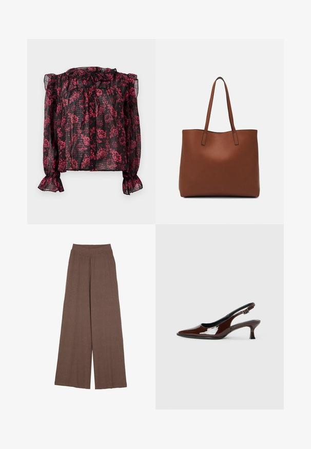 Melnā caurspīdīgā blūze ar sarkanu ziedu rakstu, ar ķertu apkakli un garām piedurknēm ar elastīgiem rokturīšiem. Iekļautas pogu aizdare pa priekšu.; Plati bikses, kas izgatavotas no tekstūras, ribota auduma siltā brūnā krāsā. Iezīmējas bezšuvju jostasvīru un plūstošu siluetu.; Brūnas patentētas ādas sprauga kurpes ar norādītu pirkstu un mērenu papēdi. Aprīkotas ar sprādzi, lai nodrošinātu drošu fit. Gluda tekstūra.; Brūna ādas iepirkumu soma ar gludu tekstūru, atvērta augšdaļa un divas plecu siksnas. Izceļas ar minimālām šuvēm un redzamu aparatūru nav.