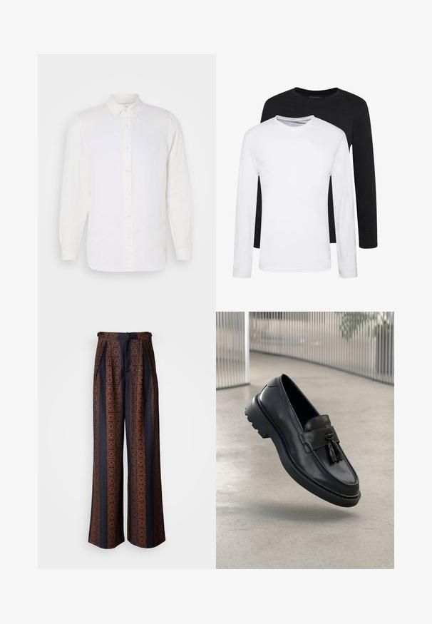 Chemise blanche en lin à manches longues avec col boutonné, dotée d'une patte de boutonnage à l'avant et de boutons beiges, texture lisse et coupe décontractée.; Deux chemises à manches longues, l'une noire et l'autre blanche, en coton avec un col rond et une texture lisse, présentées dans un arrangement empilé.; Pantalons larges en tissu bleu foncé avec un motif géométrique orange complexe, dotés d'un front plissé et d'une ceinture ajustée.; Mocassins en cuir noir à finition lisse, avec pompon décoratif, semelle en caoutchouc épaisse et détails cousus. Design léger et élégant.
