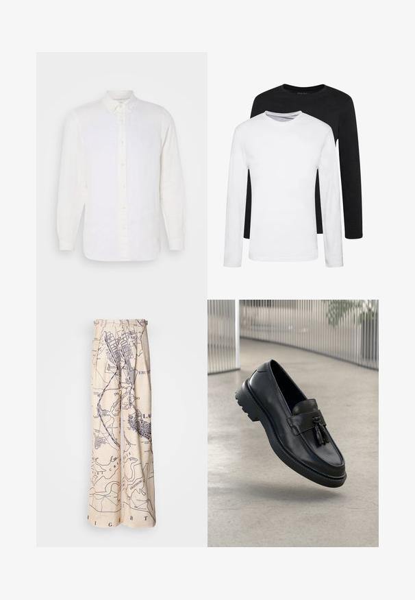 Chemise blanche en lin à manches longues avec col boutonné, dotée d'une patte de boutonnage à l'avant et de boutons beiges, texture lisse et coupe décontractée.; Deux chemises à manches longues, l'une noire et l'autre blanche, en coton avec un col rond et une texture lisse, présentées dans un arrangement empilé.; Pantalons à jambes larges avec un imprimé carte en navy sur un fond beige, avec des détails plissés à la taille et une coupe décontractée.; Mocassins en cuir noir à finition lisse, avec pompon décoratif, semelle en caoutchouc épaisse et détails cousus. Design léger et élégant.
