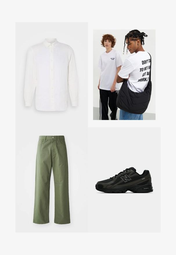 Chemise blanche en lin à manches longues avec col boutonné, dotée d'une patte de boutonnage à l'avant et de boutons beiges, texture lisse et coupe décontractée.; Pantalons larges vert olive en coton. Dispose de passants de ceinture, d'une fermeture à bouton sur le devant et de poches latérales. Texture lisse.; Baskets de sport noires avec une tige synthétique texturée, dotées d'une semelle rembourrée et d'un logo "N" bien en vue sur le côté. Le design comprend des sections en maille légère.; Sac en bandoulière noir en tissu matelassé avec une texture douce, porté par une personne vêtue d'un T-shirt blanc à motifs graphiques avec un texte en gras. Tenue décontractée avec un jean.