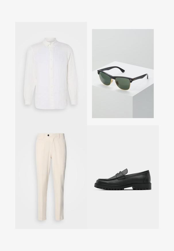 Bílá lněná košile s dlouhým rukávem a límcem na knoflíky, s předním zapínáním a béžovými knoflíky, hladká textura a volný střih.; Béžové kalhoty na míru s plochým předním dílem, jedním knoflíkovým zapínáním a dvěma šikmými bočními kapsami. Hladká látka, úzký střih a zúžené nohy.; Černé kožené mokasíny s kulatou špičkou, zdobené prošitím, s nízkou platformou a texturovanou gumovou podrážkou s drážkováním.; Sluneční brýle Ray-Ban se zelenými skly, černými plastovými rámy a zlatými akcenty na okrajích. Čtvercový tvar s matným povrchem.