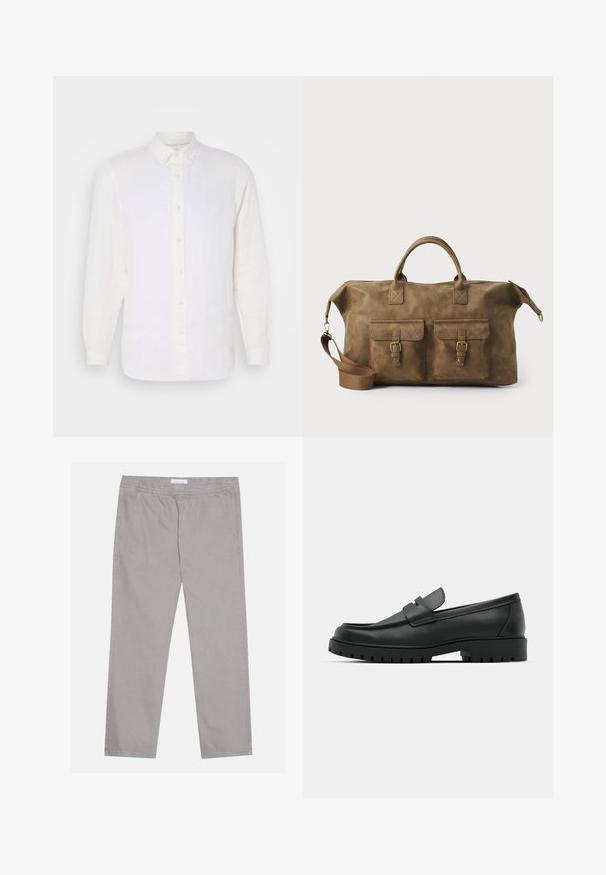 Weißes Leinenhemd mit langen Ärmeln und Button-Down-Kragen, mit einer Vorderblende und beige Bugeln, glatte Textur und lockere Passform.; Hellgraue Baumwollhose mit elastischem Bund, zwei seitlichen Taschen, geradem Beinschnitt und glatter Textur. Simple Nahtdetails.; Schwarze Lederloafer mit runder Zehenform, ausgestattet mit einem gesteppten Design, niedrigem Plattformsohle und einer strukturierten, genoppten Gummisohle.; Braune Ledertasche mit zwei Fronttaschen, verstellbarem Schulterriemen, goldfarbenen Beschlägen und stabilen oberen Griffen. Glatte Textur.