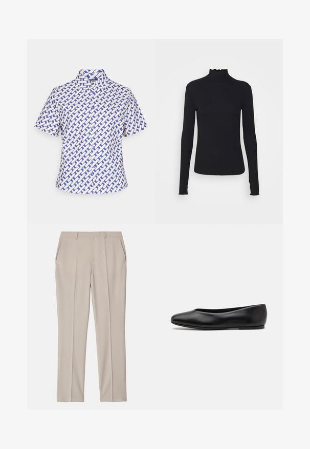 Krátky rukáv, košela v bielej a modrej farbe, s geometrickým tkaným vzorom, s golierom na gombíky a predným zapínaním na gombíky.; Čierny dlhý rukáv turtleneck top vyrobený z hladkej látky, s volánovým golierom a priliehavou siluetou s jednoduchými okrajmi.; Filippa K EMMA TROUSERS - Nohavice - desert tau; Paul Smith TOPANGA - Balerínky - black