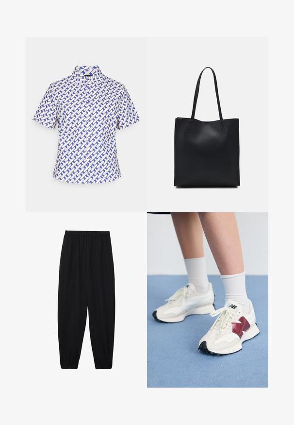 Kratkohlačasta majica v beli in modri barvi, z geometrijskim tkanim vzorcem, ovratnikom z gumbi in sprednjimi gumbi.; Črne, lahke hlače z elastičnim pasom in nabranimi gležnji. Tkanina je gladka in ima sproščen, taperiran dizajn.; Par belih športnih copat z maroon detajli, teksturiranimi paneli, ravnim črnim podplatom in svetlim vezalkami, obutih z belimi gležnjarji.; Črna usnjena torba s svilnato teksturo, pravokotne oblike in dvema dolgima ročajema. Brez vidnih metalnih delov ali okrasnih elementov.