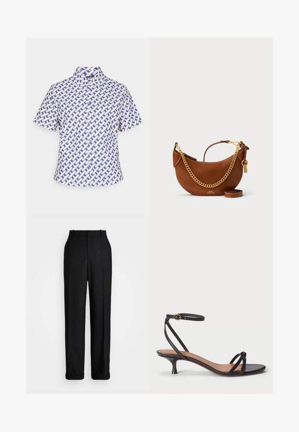 Baltas ir mėlynas trumpomis rankovėmis marškinys su geometriniu audiniu, mygtukiniu apykaklės dizainu ir priekiniais mygtukais.; Polo Ralph Lauren HIGH RISE RELAXED STRAIGHT TROUSER - Kelnės - black; Polo Ralph Lauren LEATHER KITTEN-HEEL SANDAL - Klasikiniai aukštakulniai - black; Ruda odinė rankinė su kreiviu dizainu, auksinės grandinėlės dirželiu, vidiniu kišeniu ir nuimamu peties dirželiu. Yra kontrastingų siūlių.