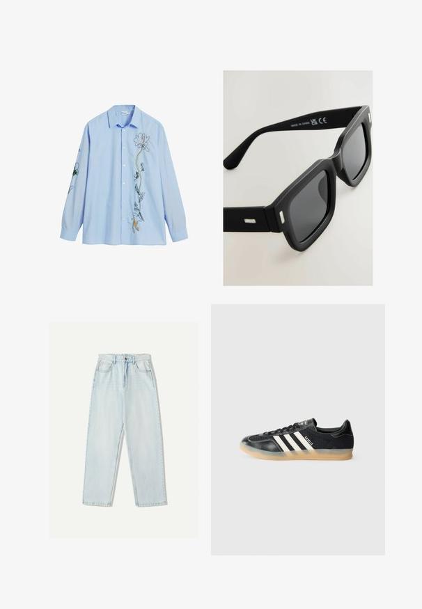 Světle modrá košile na knoflíky s květinovou výšivkou v různých barvách na přední straně a rukávech. Vyrobena z měkké látky s volným střihem.; Světle modré džíny s volným střihem, rovnými nohavicemi, pěti kapsami a jemným vyblednutím látky.; Černé sportovní tenisky s bílými pruhy, texturovaná látka, hladká kožená špička a gumová podrážka. Obsahují logo na jazyku.; Černé obdélníkové sluneční brýle s matným povrchem, tmavými čočkami a stříbrnými akcenty na spáncích. Vyznačují se silným rámečkem a hladkou texturou.